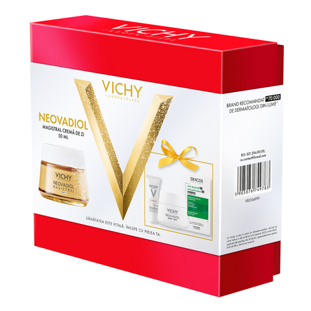 Pachet Crema de zi Novadiol Magistral, 50 ml + Crema de noapte Neovadiol Magistral, 15 ml + Fluid cu SPF 50+ Capital Soleil, 3 ml + Sampon anti-matreata Dercos, 6 ml, Vichy