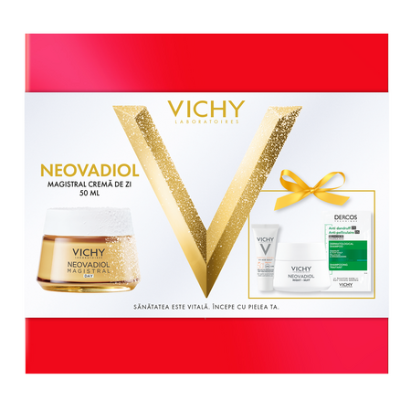 Pachet Crema de zi Novadiol Magistral, 50 ml + Crema de noapte Neovadiol Magistral, 15 ml + Fluid cu SPF 50+ Capital Soleil, 3 ml + Sampon anti-matreata Dercos, 6 ml, Vichy 674410
