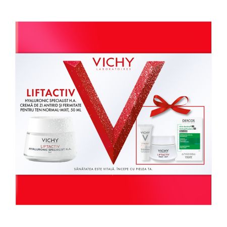 Pachet Crema de zi antirid Liftactiv HA, 50 ml + Crema de noapte Liftactiv HA, 15 ml + Fluid cu SPF 50+ Capital Soleil, 3 ml + Sampon anti-matreata Dercos, 6 ml, Vichy 674412