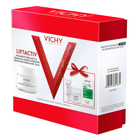 Pachet Crema de zi antirid Liftactiv HA, 50 ml + Crema de noapte Liftactiv HA, 15 ml + Fluid cu SPF 50+ Capital Soleil, 3 ml + Sampon anti-matreata Dercos, 6 ml, Vichy