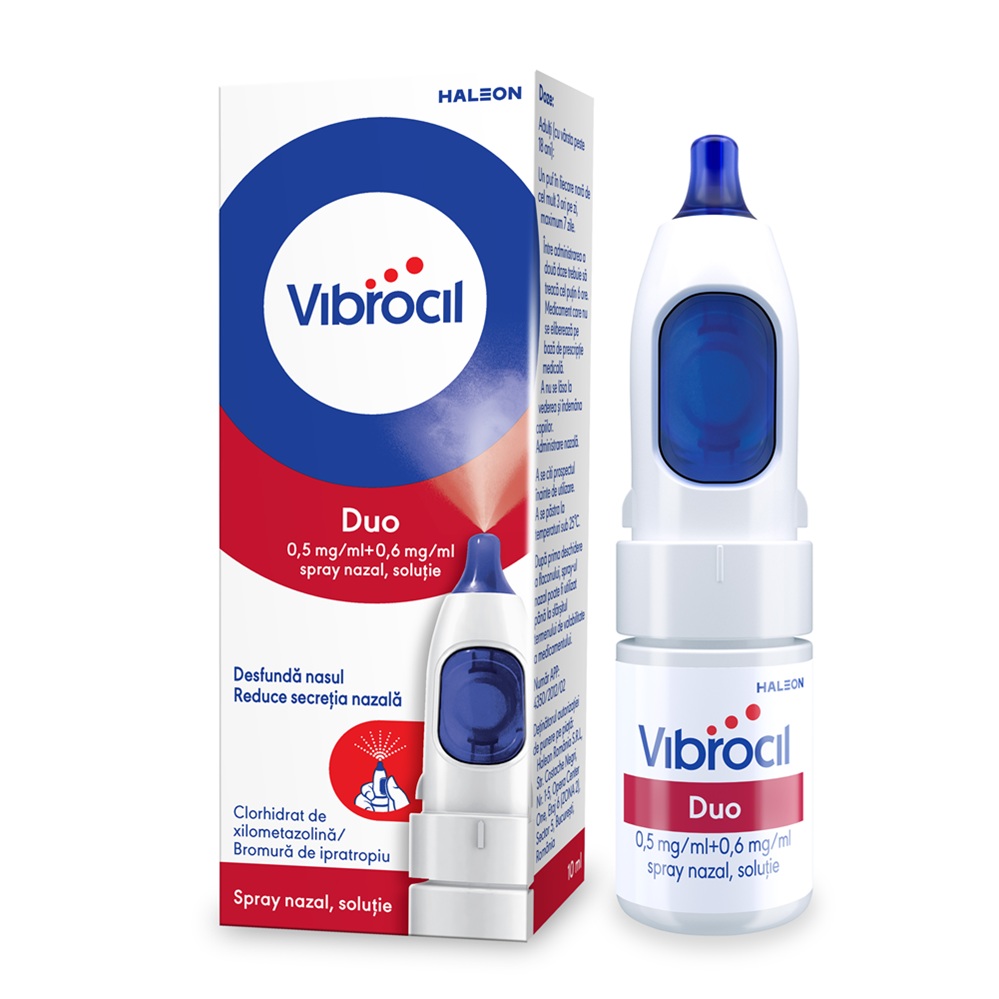Vibrocil Duo spray nazal solutie, cu buton, 0,5 mg/ml + 0,6 mg/ml, 10 ml, Haleon
