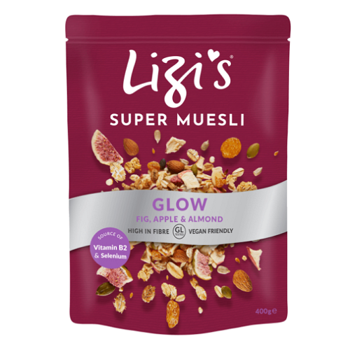 Musli cu mere rosii, smochine si stafide aurii Glow, 400 g, Lizi's