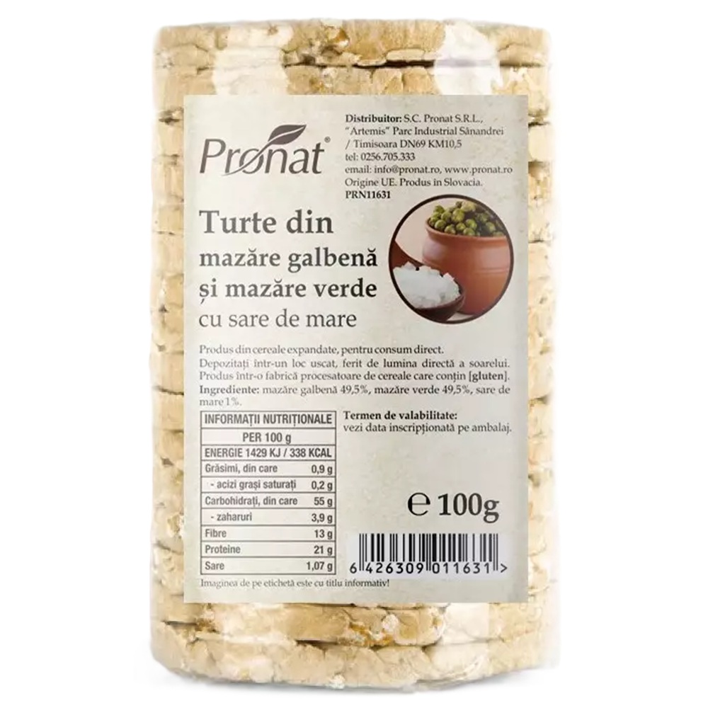 Turte din mazare galbena si verde cu sare de mare, 100 g, Pronat