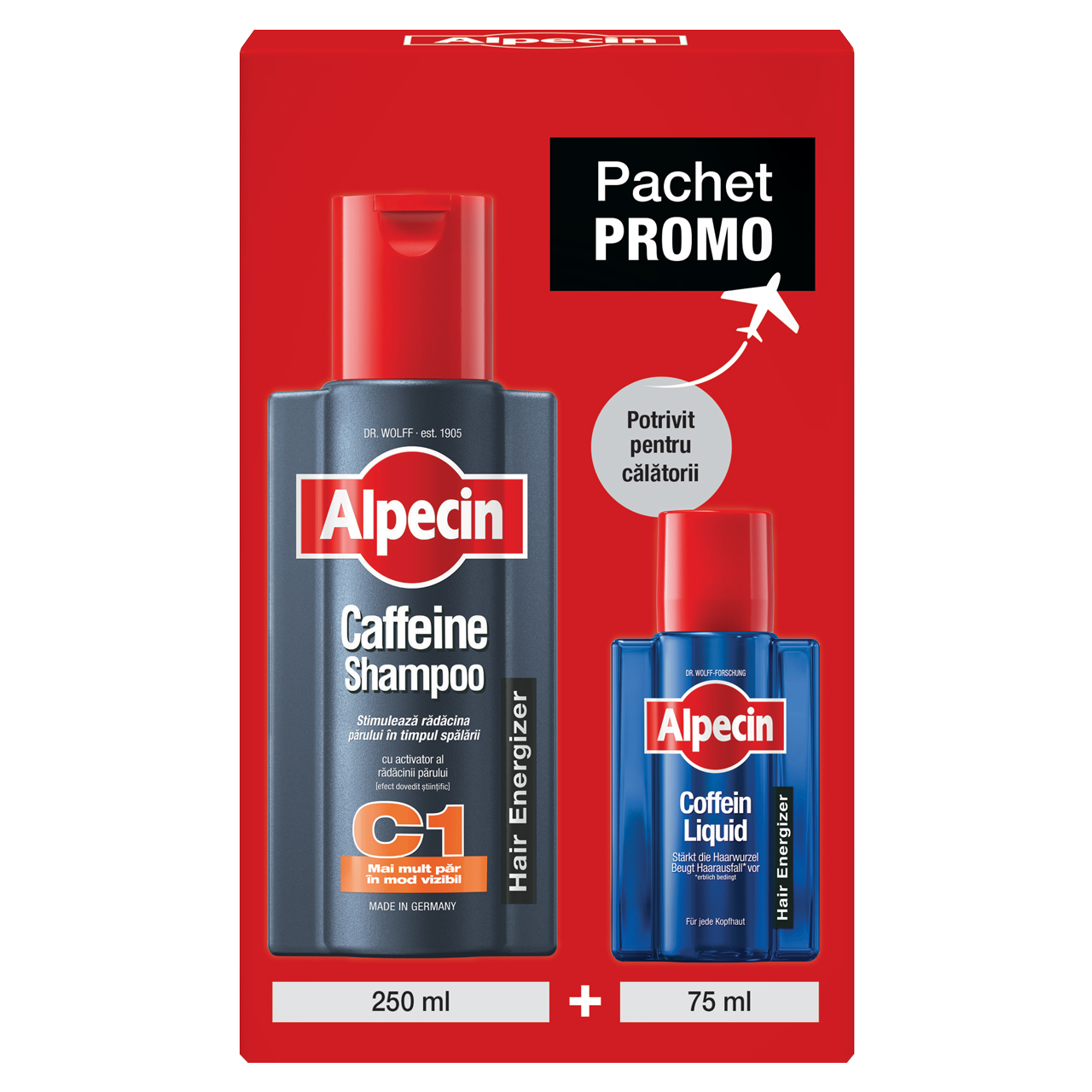 Caffeine Shampoo C1 250 ml + Lotiune energizanta pentru par Coffein Liquid 75 ml, Alpecin