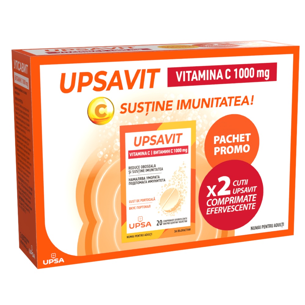 Pachet Vitamina C Upsavit, 1000 mg, 2 x 20 comprimate efervescente, Upsa