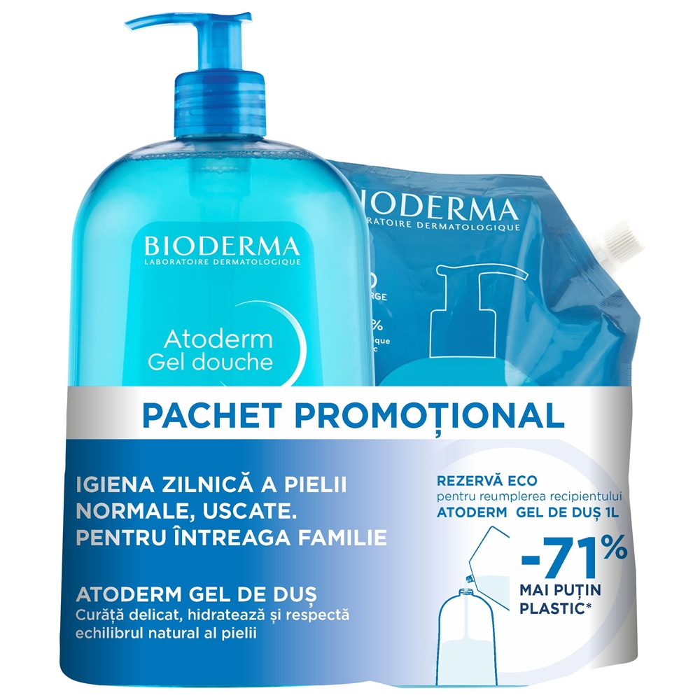 Pachet Gel de dus Atoderm 1000 ml + Rezerva eco gel de dus Atoderm 1000 ml, Bioderma