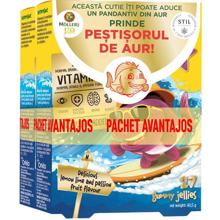 Pachet Pestisori gumati cu Omega-3 si aroma de lamaie verde si fructul pasiunii, 2x27 jeleuri, Moller's