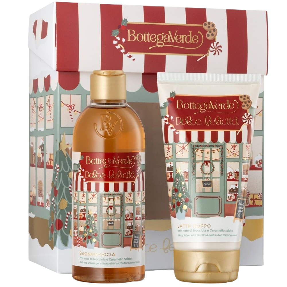 Set Gel de dus cu caramel sarat si alune 250 ml + Lapte de corp cu caramel sarat si alune 150 ml Dolce Felicità, Bottega Verde