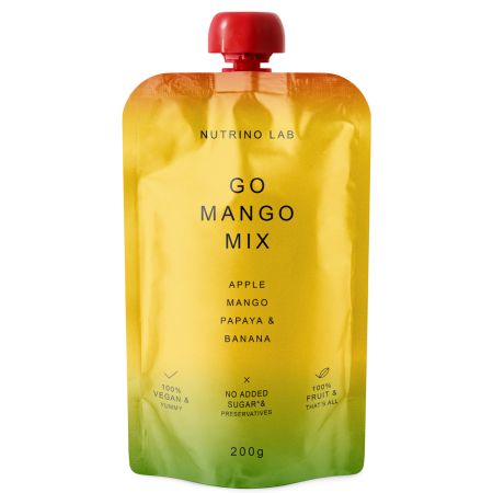 Piure pasteurizat din fructe cu mere, mango, papaya si banane Go Mango Mix, 200 g, Nutrino Lab