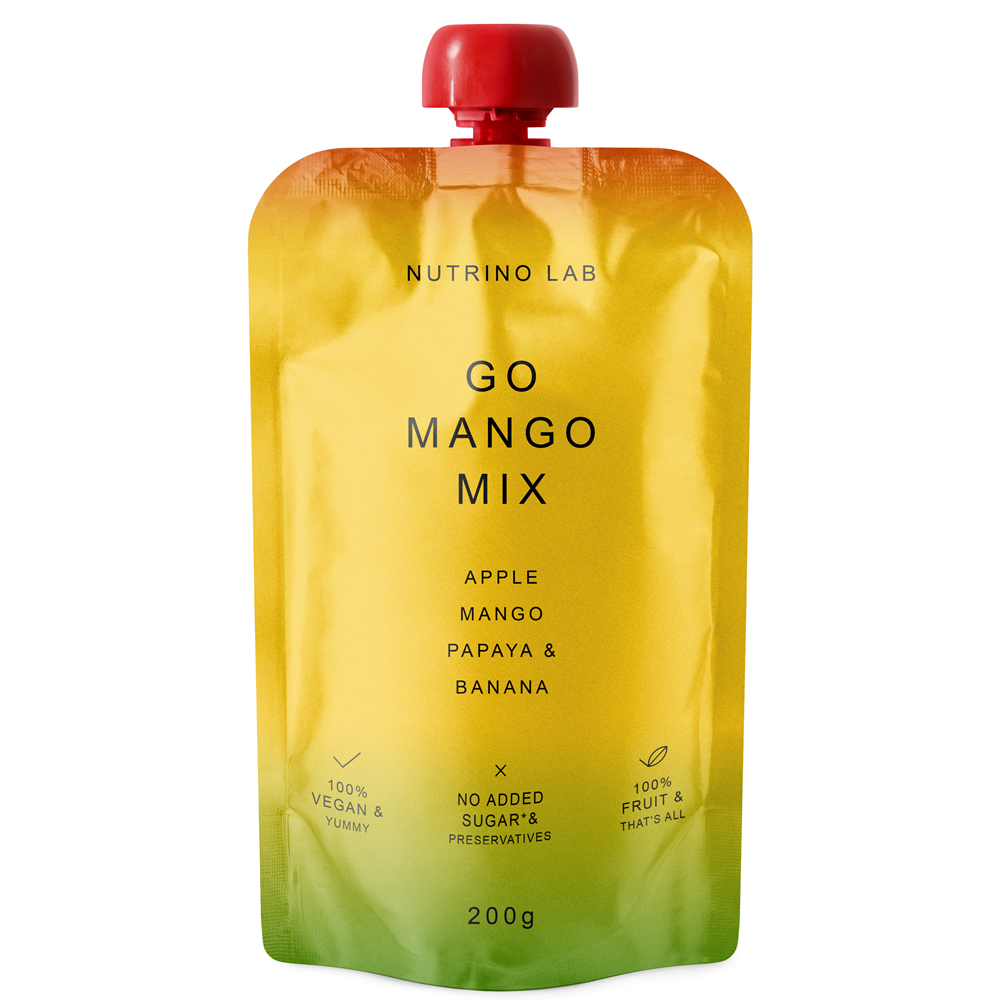 Piure pasteurizat cu mere, mango, papaya si banane Go Mango Mix, 200 g, Nutrino Lab