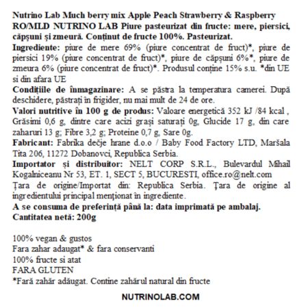 Piure pasteurizat cu mere, piersici, capsuni si zmeura Much Berry Mix, 200 g, Nutrino Lab 706457