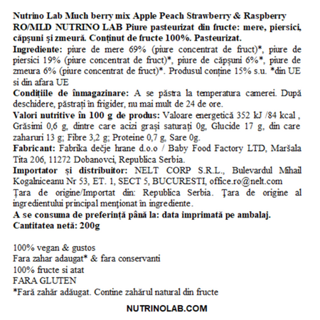 Piure pasteurizat cu mere, piersici, capsuni si zmeura Much Berry Mix, 200 g, Nutrino Lab 706457
