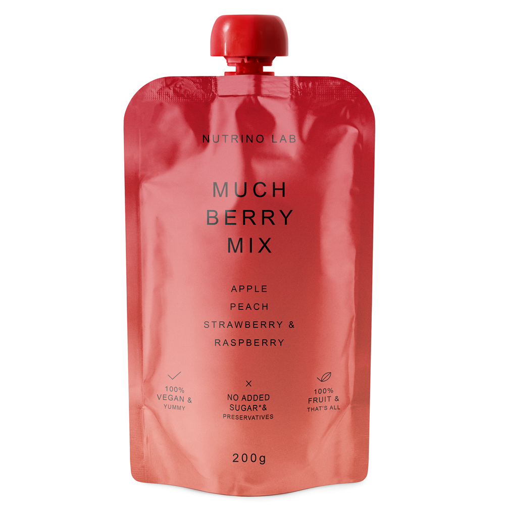 Piure pasteurizat cu mere, piersici, capsuni si zmeura Much Berry Mix, 200 g, Nutrino Lab