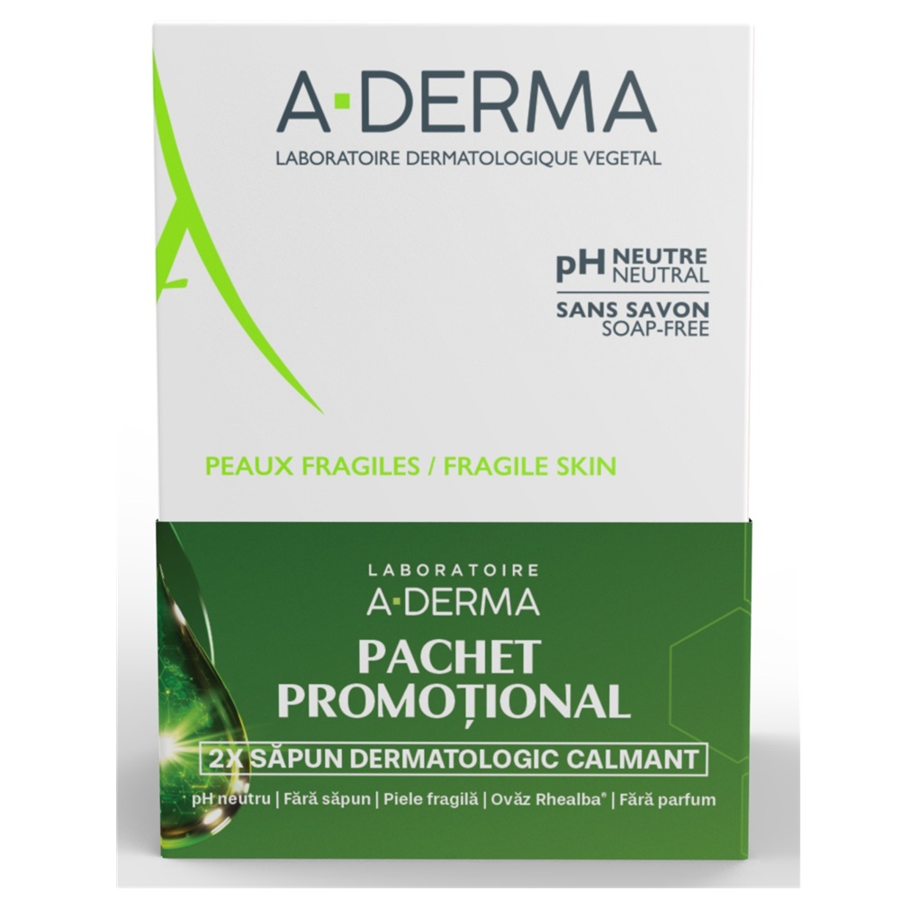Pachet sapun dermatologic pentru pielea fragila, 2x100 grame, A-Derma
