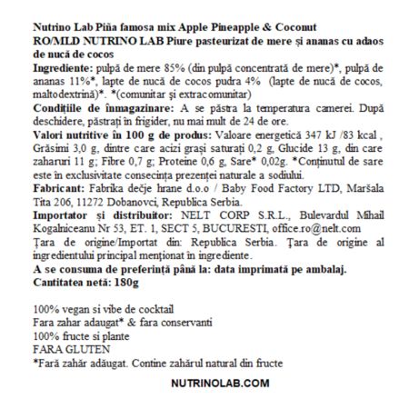 Piure pasteurizat cu mere, ananas si nuca de cocos Pina Famosa Mix, 180 g, Nutrino Lab 706412