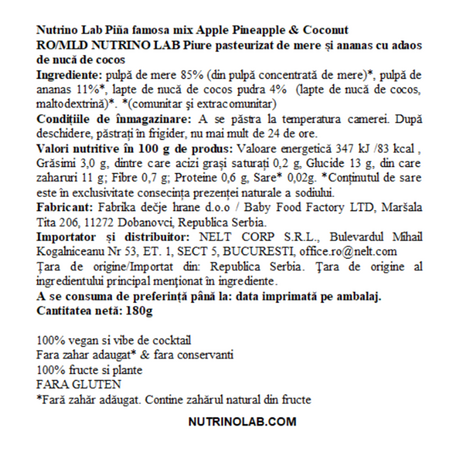 Piure pasteurizat cu mere, ananas si nuca de cocos Pina Famosa Mix, 180 g, Nutrino Lab 706412