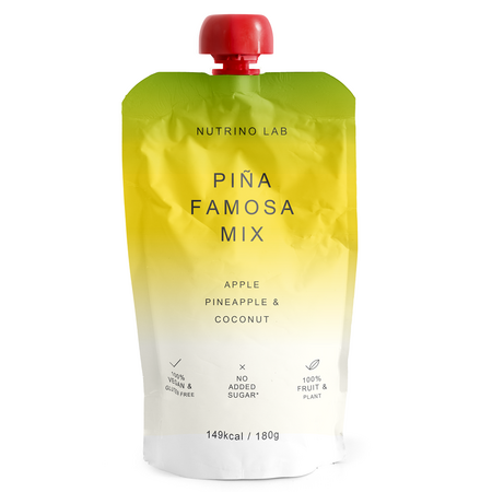 Piure pasteurizat cu mere, ananas si nuca de cocos Pina Famosa Mix, 180 g, Nutrino Lab