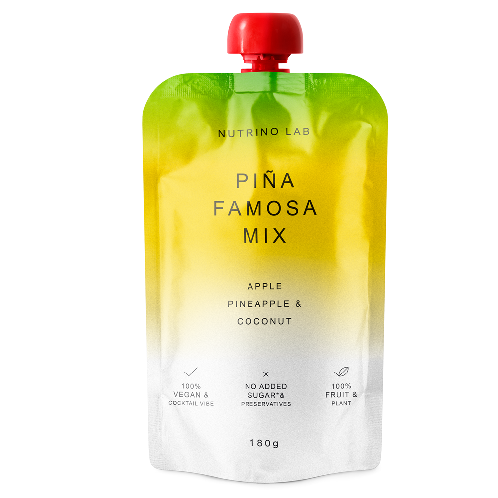 Piure pasteurizat cu mere, ananas si nuca de cocos Pina Famosa Mix, 180 g, Nutrino Lab