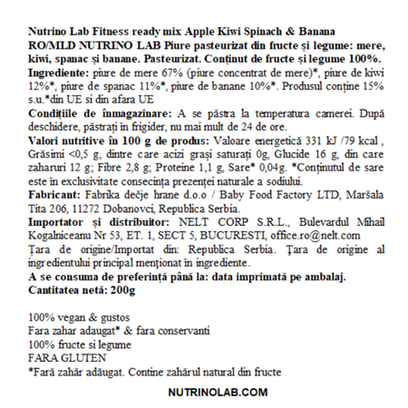 Piure pasteurizat cu mere, kiwi, spanac si banane Fitness Ready Mix, 200 g, Nutrino Lab 706395