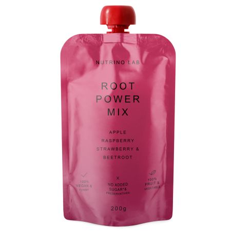 Piure pasteurizat din fructe si legume cu mere, zmeura, capsuni si sfecla rosie Root Power Mix, 200 g, Nutrino Lab