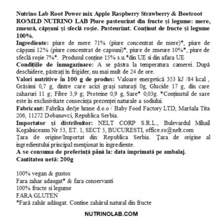 Piure pasteurizat cu mere, zmeura, capsuni si sfecla rosie Root Power Mix, 200 g, Nutrino Lab 706390