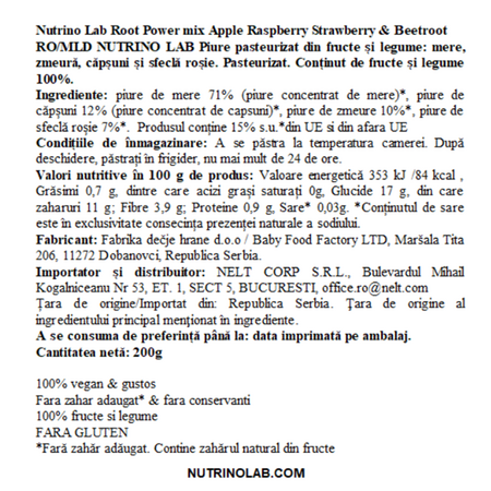 Piure pasteurizat cu mere, zmeura, capsuni si sfecla rosie Root Power Mix, 200 g, Nutrino Lab 706390