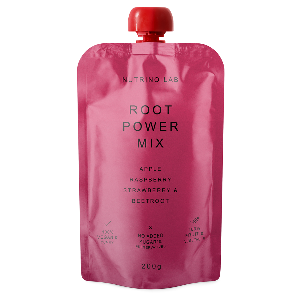 Piure pasteurizat cu mere, zmeura, capsuni si sfecla rosie Root Power Mix, 200 g, Nutrino Lab