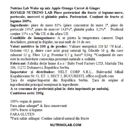 Piure pasteurizat cu mere, portocale, morcovi si ghimbir Wake Up Mix, 200 g, Nutrino Lab 706385