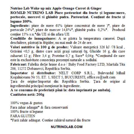 Piure pasteurizat cu mere, portocale, morcovi si ghimbir Wake Up Mix, 200 g, Nutrino Lab 706385