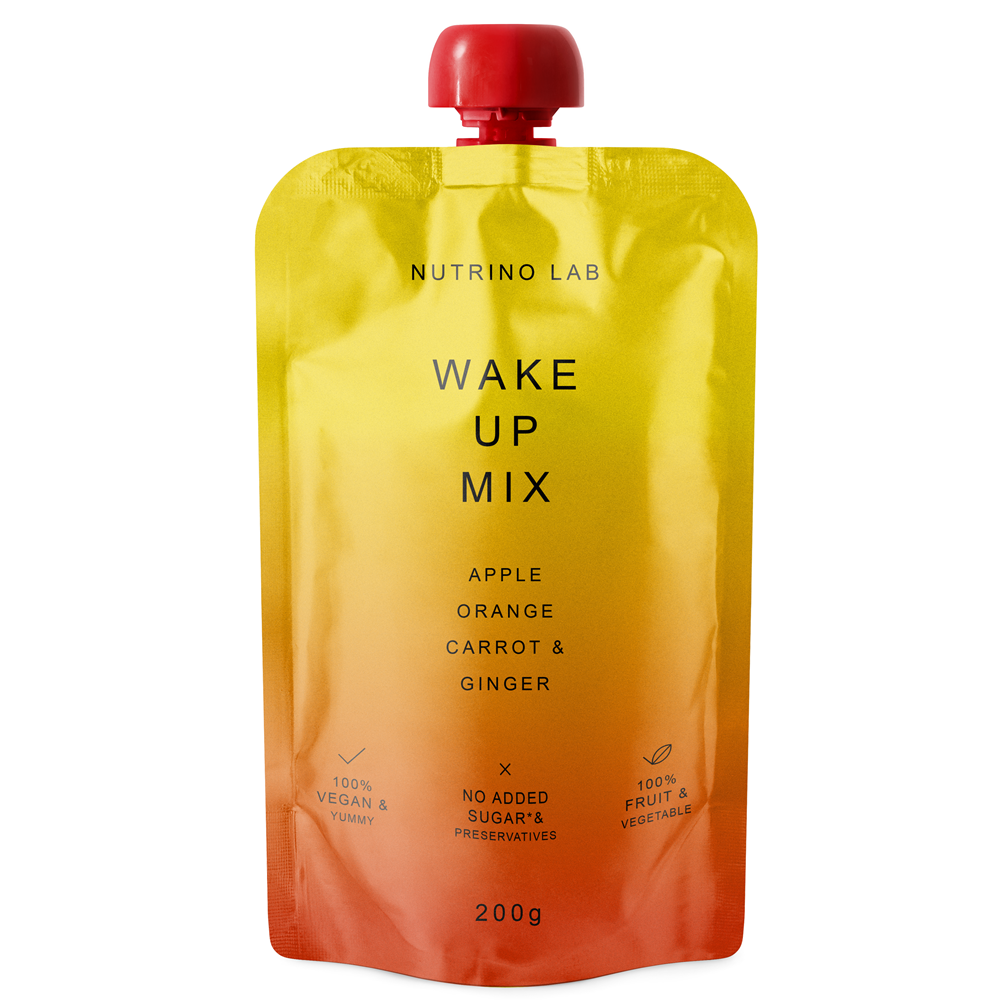 Piure pasteurizat cu mere, portocale, morcovi si ghimbir Wake Up Mix, 200 g, Nutrino Lab