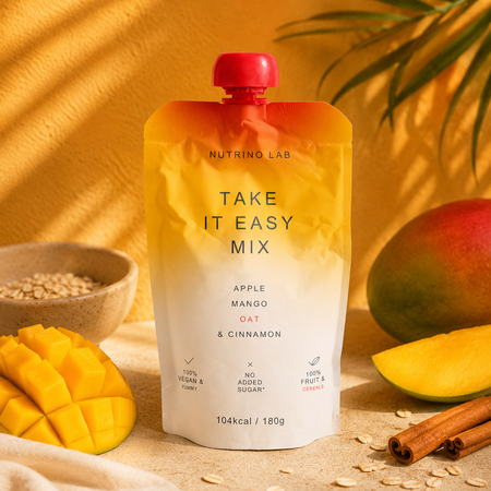 Piure pasteurizat cu mere, mango, ovaz si scortisoara Take It Easy Mix, 180 g, Nutrino Lab 756009