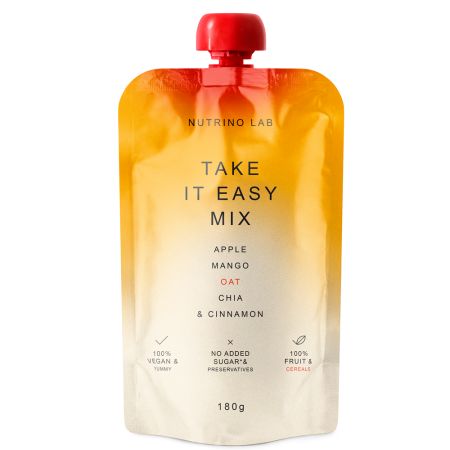 Piure pasteurizat din fructe si cereale cu mere, mango, ovaz si scortisoara Take It Easy Mix, 180 g, Nutrino Lab