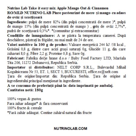 Piure pasteurizat cu mere, mango, ovaz si scortisoara Take It Easy Mix, 180 g, Nutrino Lab 706382