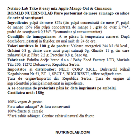 Piure pasteurizat cu mere, mango, ovaz si scortisoara Take It Easy Mix, 180 g, Nutrino Lab 706382