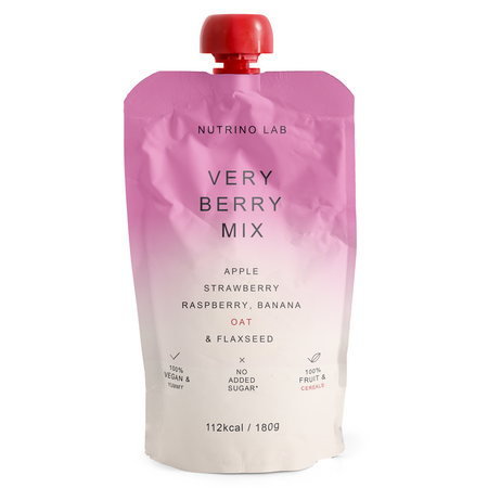 Piure pasteurizat cu mere, capsuni, zmeura, banane si ovaz Very Berry Mix, 180 g, Nutrino Lab