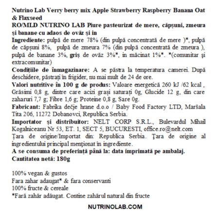 Piure pasteurizat cu mere, capsuni, zmeura, banane, ovaz si in Very Berry Mix, 180 g, Nutrino Lab 706379