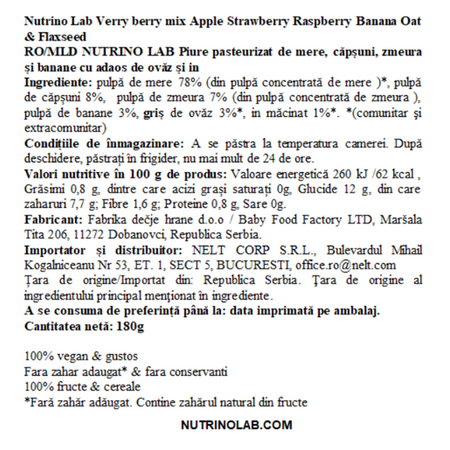 Piure pasteurizat cu mere, capsuni, zmeura, banane si ovaz Very Berry Mix, 180 g, Nutrino Lab 706379