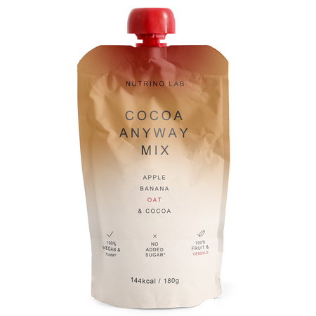 Piure pasteurizat cu mere, banane, ovaz si cacao Cocoa Anyway, 180 g, Nutrino Lab