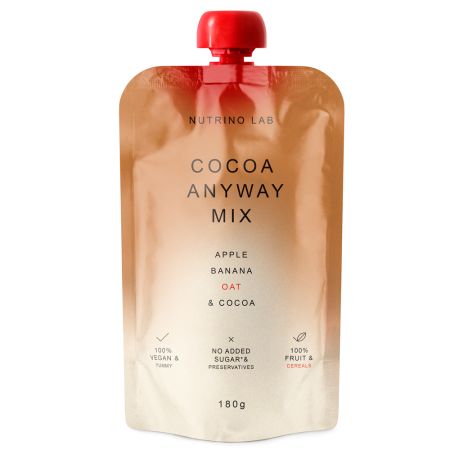 Piure pasteurizat din fructe si cereale cu mere, banane, ovaz si cacao Cocoa Anyway, 180 g, Nutrino Lab