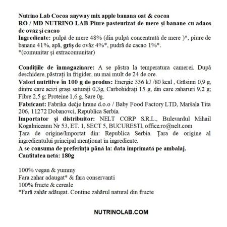 Piure pasteurizat cu mere, banane, ovaz si cacao Cocoa Anyway, 180 g, Nutrino Lab 706370