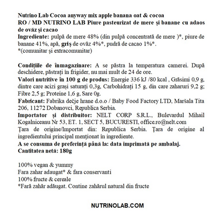 Piure pasteurizat cu mere, banane, ovaz si cacao Cocoa Anyway, 180 g, Nutrino Lab 706370