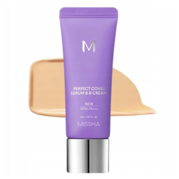 BB Cream tip ser cu SPF50+ 25 bej cald M Perfect Cover, 20 ml, Missha