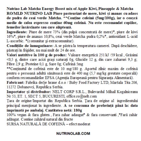 Piure pasteurizat cu mere, kiwi, ananas si matcha Matcha Energy Boost, 180 g, Nutrino Lab 706366