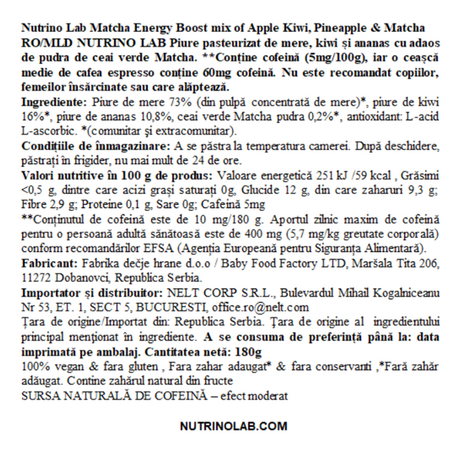 Piure pasteurizat cu mere, kiwi, ananas si matcha Matcha Energy Boost, 180 g, Nutrino Lab 706366