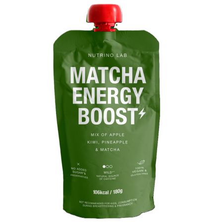 Piure pasteurizat din fructe cu mere, kiwi, ananas si matcha Matcha Energy Boost, 180 g, Nutrino Lab