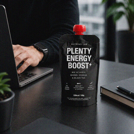 Piure pasteurizat cu mere, mango, portocale si ceai negru Plenty Energy Boost, 180 g, Nutrino Lab 753835