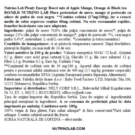 Piure pasteurizat din fructe cu mere, mango, portocale si ceai negru Plenty Energy Boost, 180 g, Nutrino Lab 706358