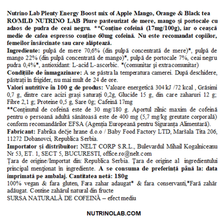 Piure pasteurizat cu mere, mango, portocale si ceai negru Plenty Energy Boost, 180 g, Nutrino Lab 706358