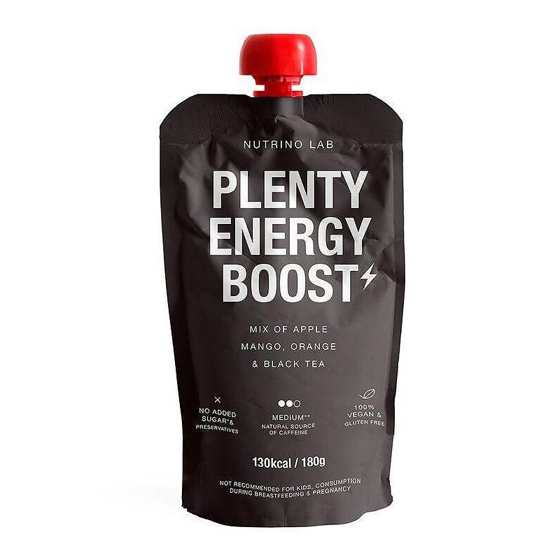 Piure pasteurizat din fructe cu mere, mango, portocale si ceai negru Plenty Energy Boost, 180 g, Nutrino Lab