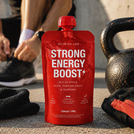 Piure pasteurizat cu mere, pere, fructul pasiunii si guarana Strong Energy Boost, 180 g, Nutrino Lab 753838